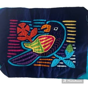 Vintage Blue Red & Yellow Parrot Mola Hand Made in Panama